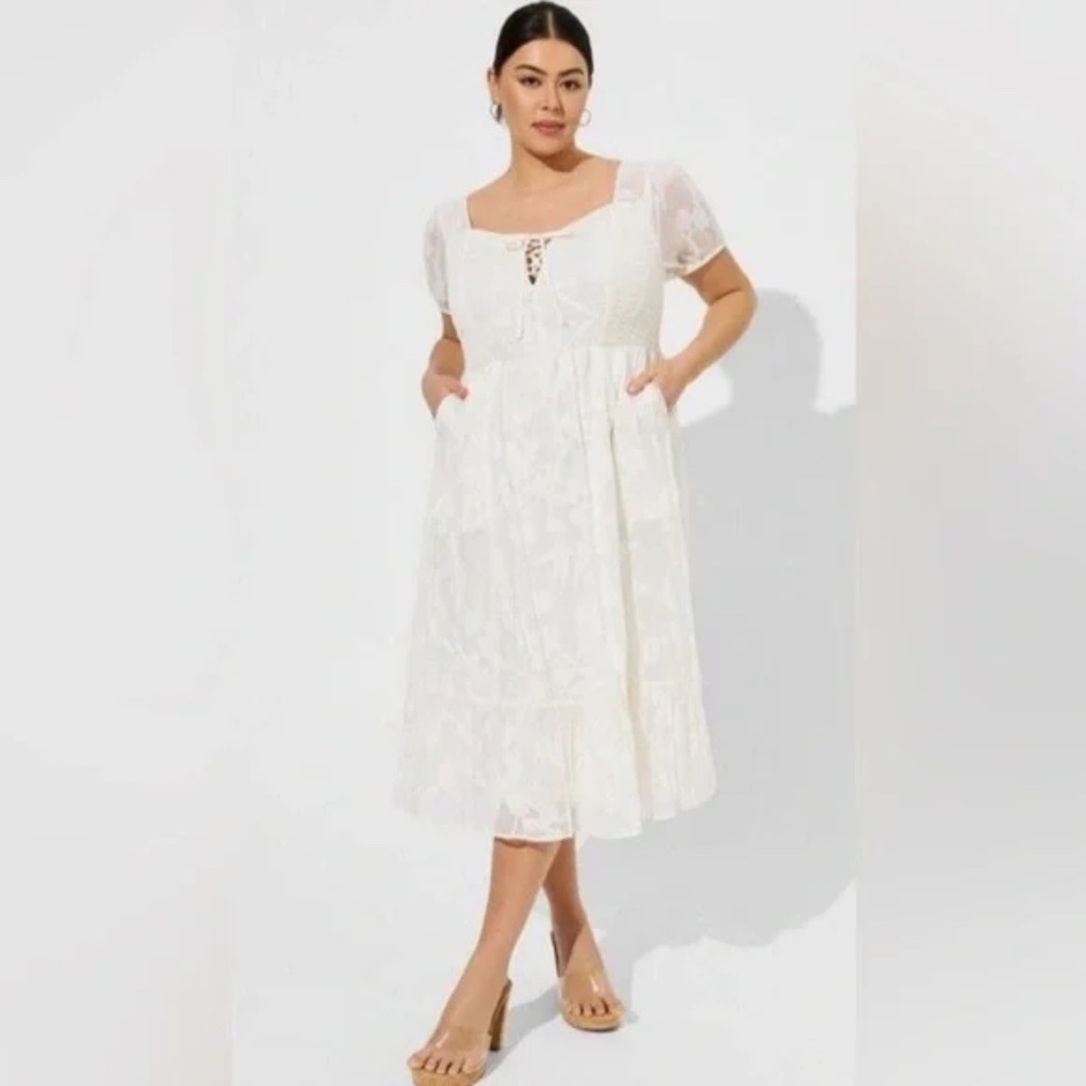 Torrid Midi Cotton Clip Dot Lace Up Smocked Dress